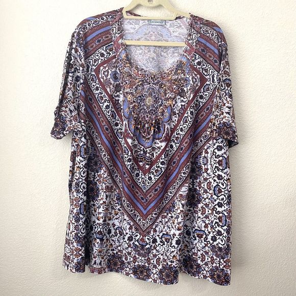 Catherines Shirt Womens Size 2X Boho Short Sleeve Floral Paisley Beaded Front - Picture 1 of 7